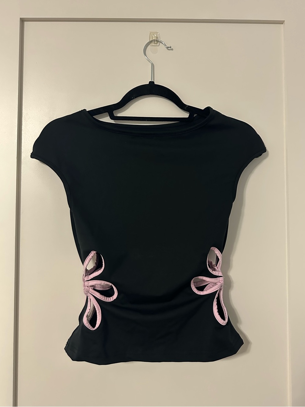 NWOT Black Cap Sleeve Top with Pink Flower Cutouts